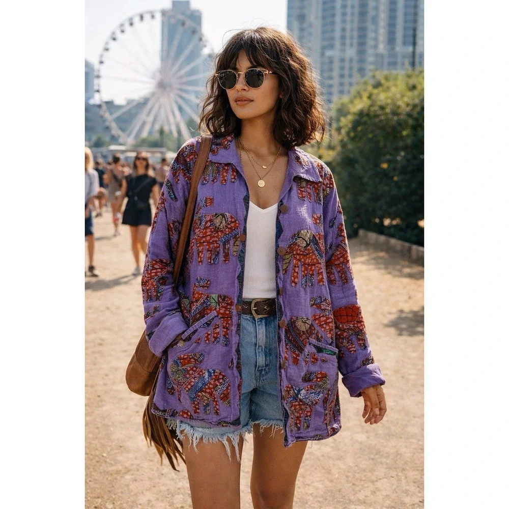 Jacket Womens S M Purple Elephant Patch Artisan Folk Boho Hippie Festival - Picture 1 of 12